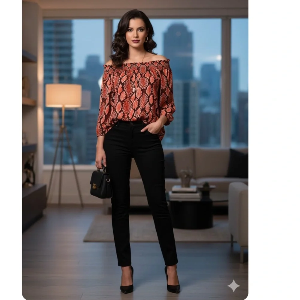 Michael Kors Red‎ and Black Snake Print off shoulder Blouse size XL